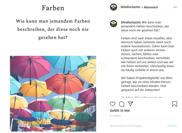 Screenshot unseres Instagram Beitrages zum Thema Farben und Bildheit.
